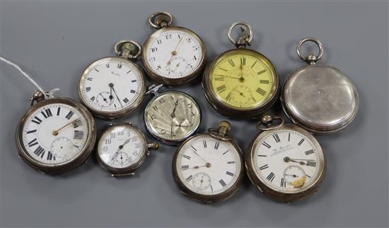 Five assorted silver pocket watch including Dent & Sons, three white metal pocket watches, one other pocket watch and a wrist watch.